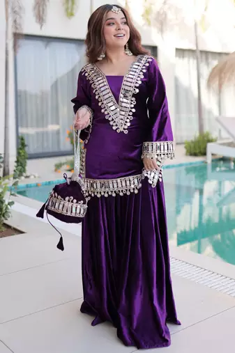 Purple Zari Embroidered Velvet Top With Palazzo