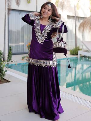 Purple Zari Embroidered Velvet Top With Palazzo 4