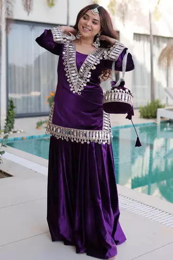 Purple Zari Embroidered Velvet Top With Palazzo