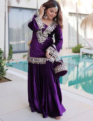 Purple Zari Embroidered Velvet Top With Palazzo 5