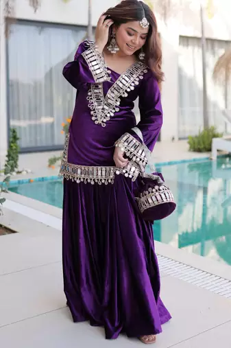 Purple Zari Embroidered Velvet Top With Palazzo