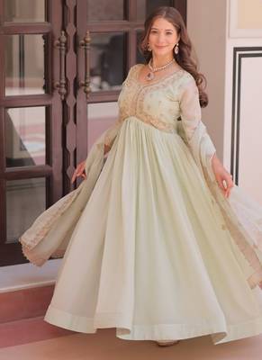 Pista green star georgette beads sequins embroidery gown with dupatta 3