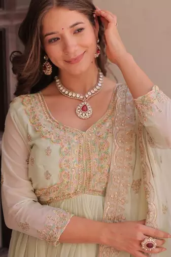 Pista green star georgette beads sequins embroidery gown with dupatta