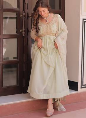 Pista green star georgette beads sequins embroidery gown with dupatta 5