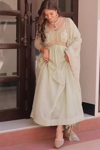 Pista green star georgette beads sequins embroidery gown with dupatta