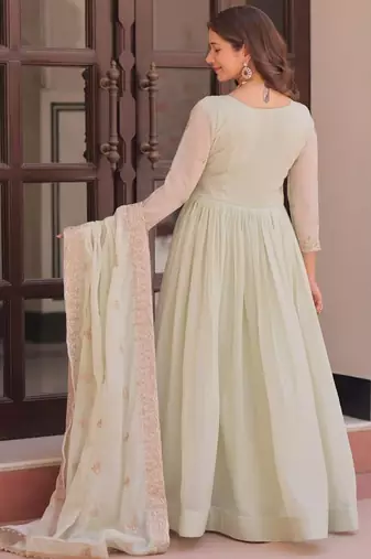 Pista green star georgette beads sequins embroidery gown with dupatta