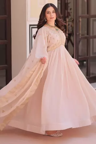 Cream star georgette beads sequins embroidery gown with dupatta