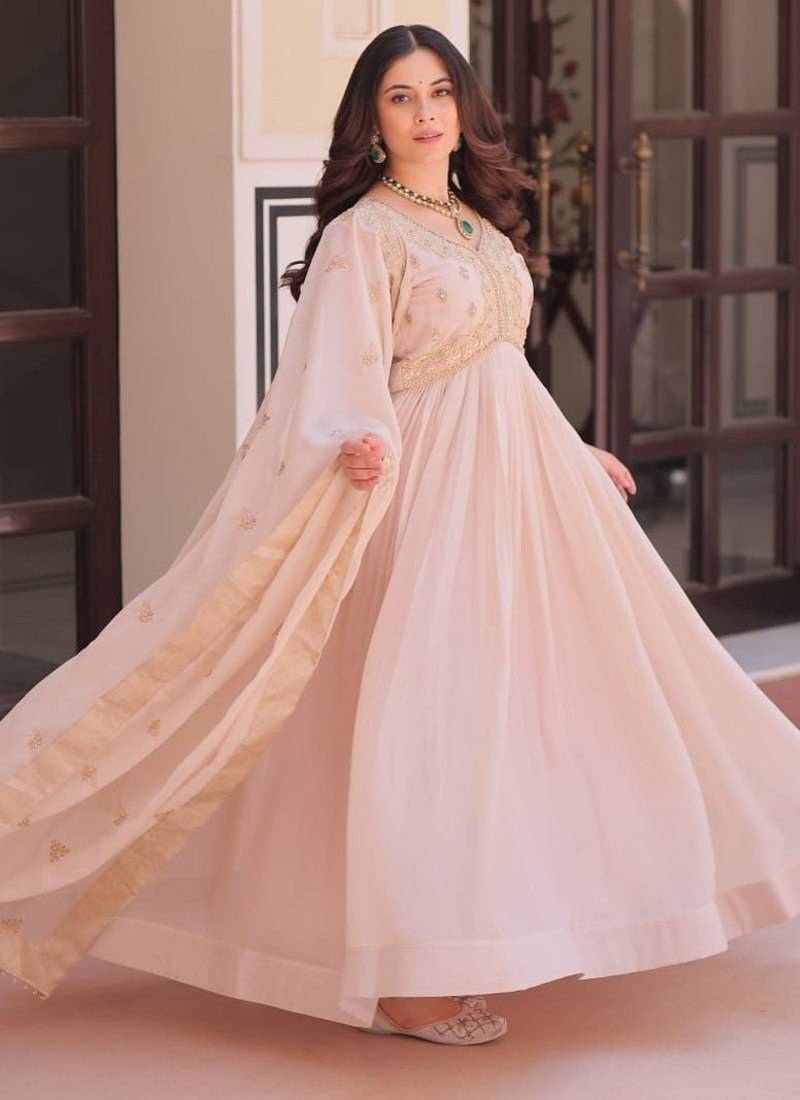 Cream star georgette beads sequins embroidery gown with dupatta