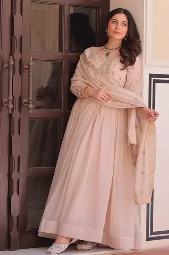 Cream star georgette beads sequins embroidery gown with dupatta