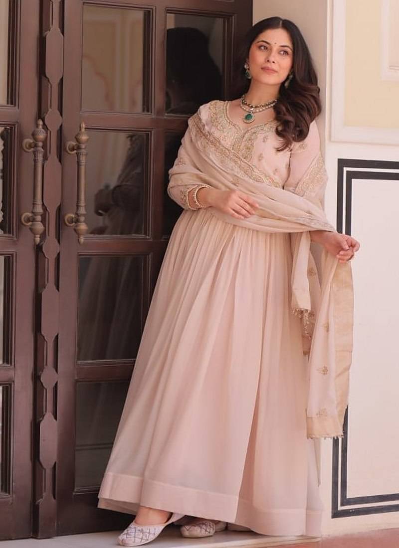 Cream star georgette beads sequins embroidery gown with dupatta