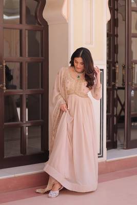 Cream star georgette beads sequins embroidery gown with dupatta 5