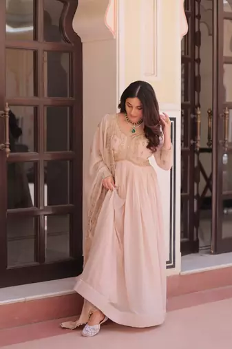 Cream star georgette beads sequins embroidery gown with dupatta