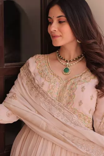 Cream star georgette beads sequins embroidery gown with dupatta