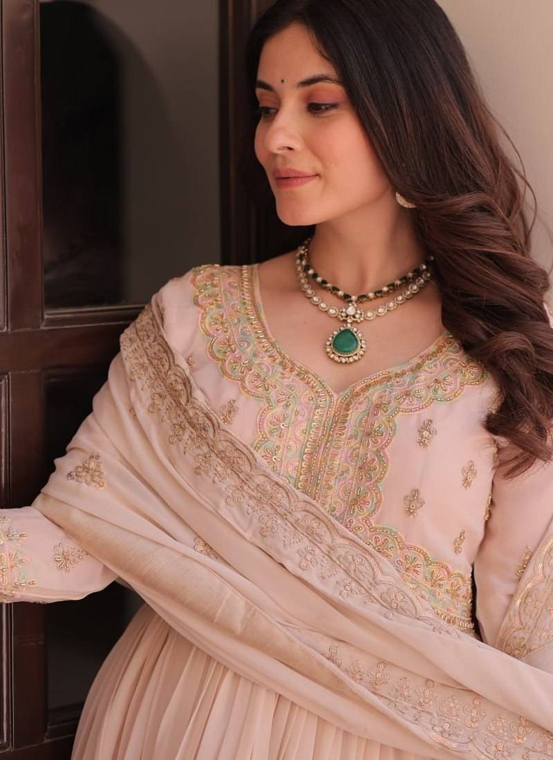 Cream star georgette beads sequins embroidery gown with dupatta