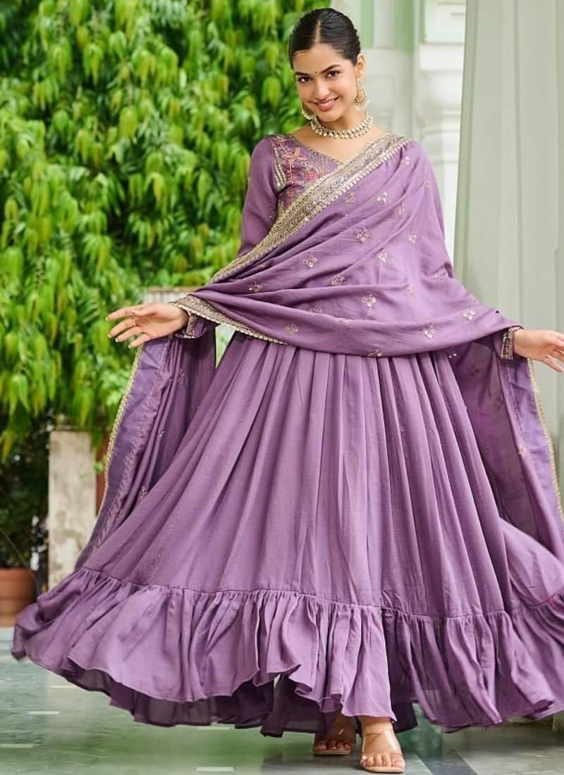 Lavender vichitra silk embroidered sequins anarkali suit festive wear
