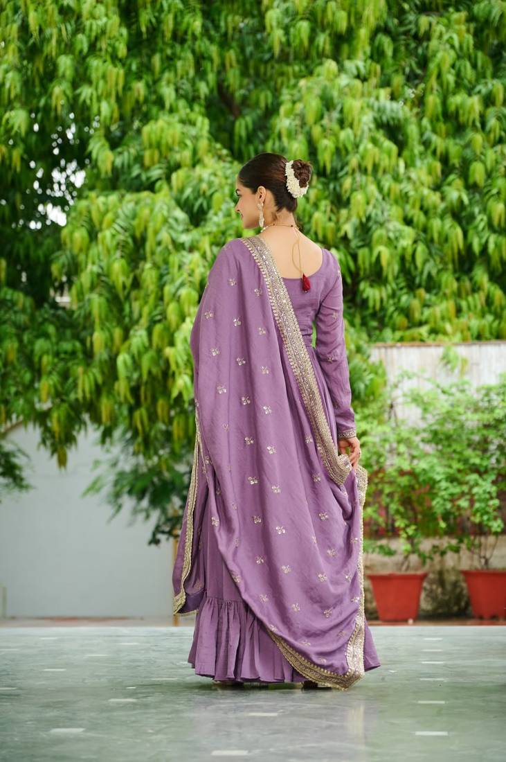 Lavender vichitra silk embroidered sequins anarkali suit festive wear