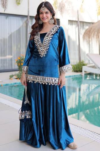 Blue Mirror Work Velvet Top With Palazzo