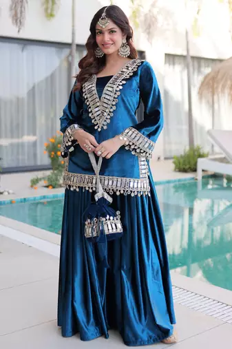 Blue Mirror Work Velvet Top With Palazzo