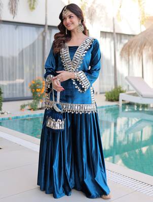 Blue Mirror Work Velvet Top With Palazzo 3