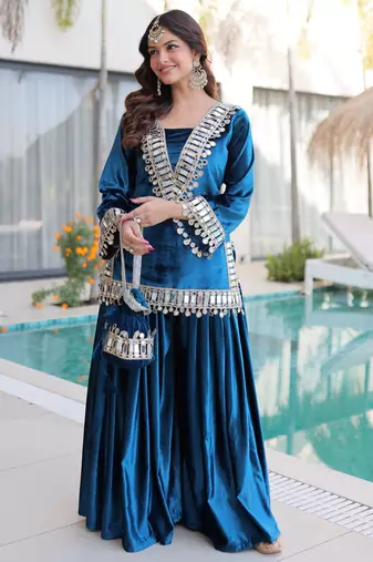 Blue Mirror Work Velvet Top With Palazzo