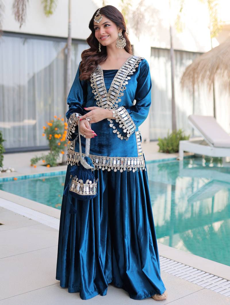 Blue Mirror Work Velvet Top With Palazzo