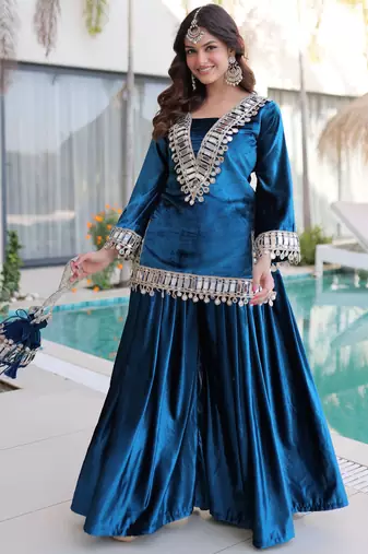 Blue Mirror Work Velvet Top With Palazzo