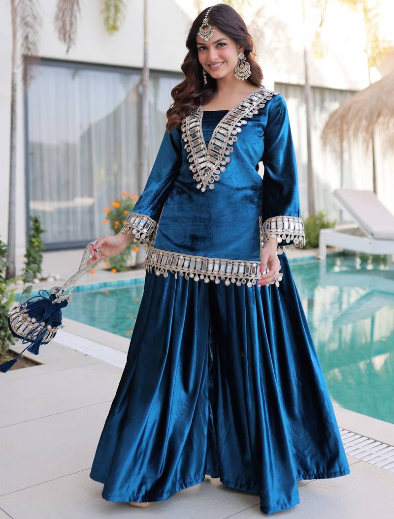 Blue Mirror Work Velvet Top With Palazzo