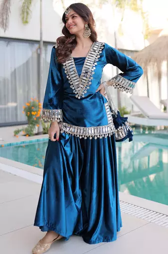 Blue Mirror Work Velvet Top With Palazzo