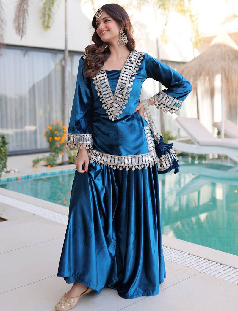 Blue Mirror Work Velvet Top With Palazzo