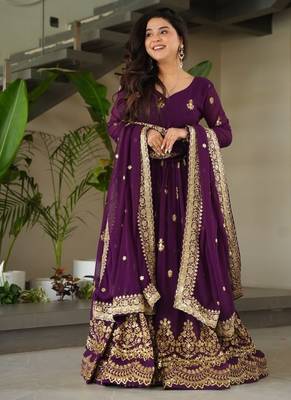 Purple faux georgette zari sequins embroidered anarkali suit festive wear 3