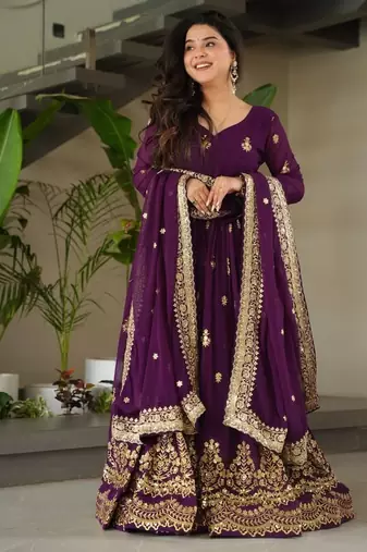 Purple faux georgette zari sequins embroidered anarkali suit festive wear