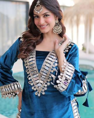 Blue Mirror Work Velvet Top With Palazzo 6