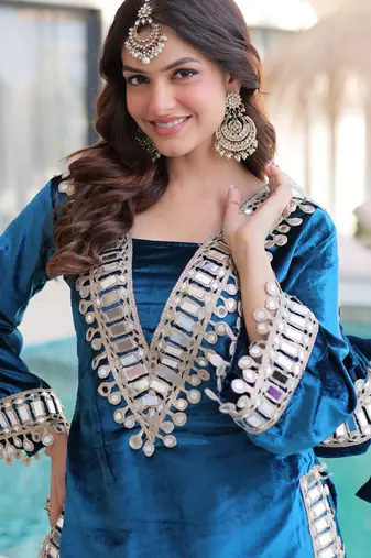 Blue Mirror Work Velvet Top With Palazzo