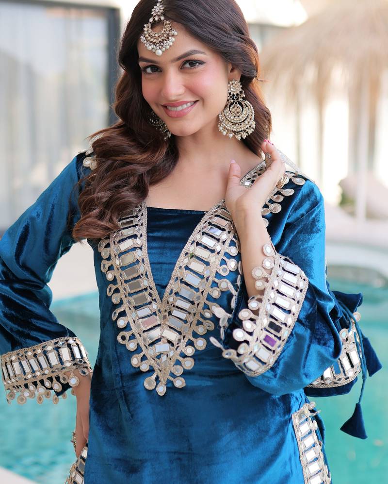 Blue Mirror Work Velvet Top With Palazzo