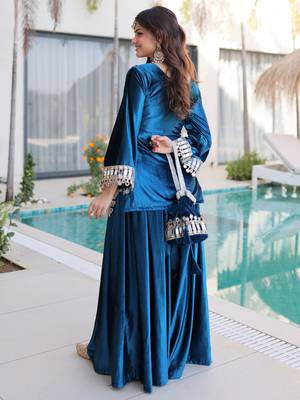 Blue Mirror Work Velvet Top With Palazzo 7