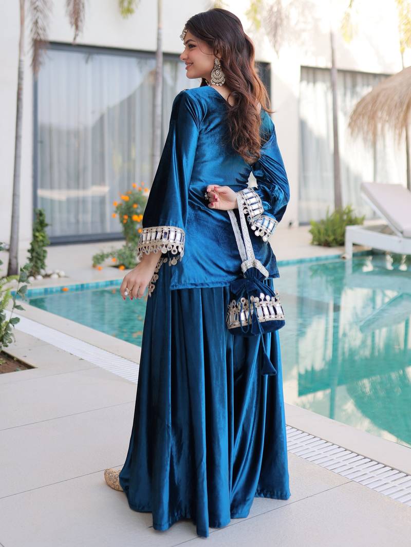 Blue Mirror Work Velvet Top With Palazzo