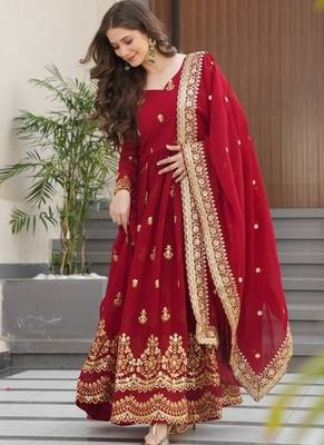 Maroon faux georgette zari sequins embroidered anarkali suit festive wear 4
