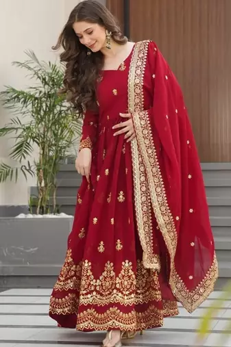 Maroon faux georgette zari sequins embroidered anarkali suit festive wear