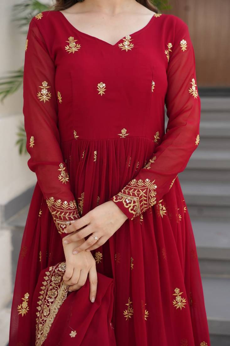 Maroon faux georgette zari sequins embroidered anarkali suit festive wear