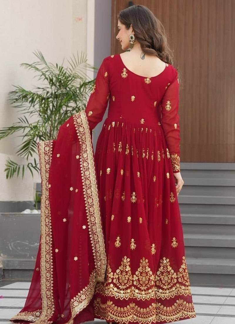 Maroon faux georgette zari sequins embroidered anarkali suit festive wear
