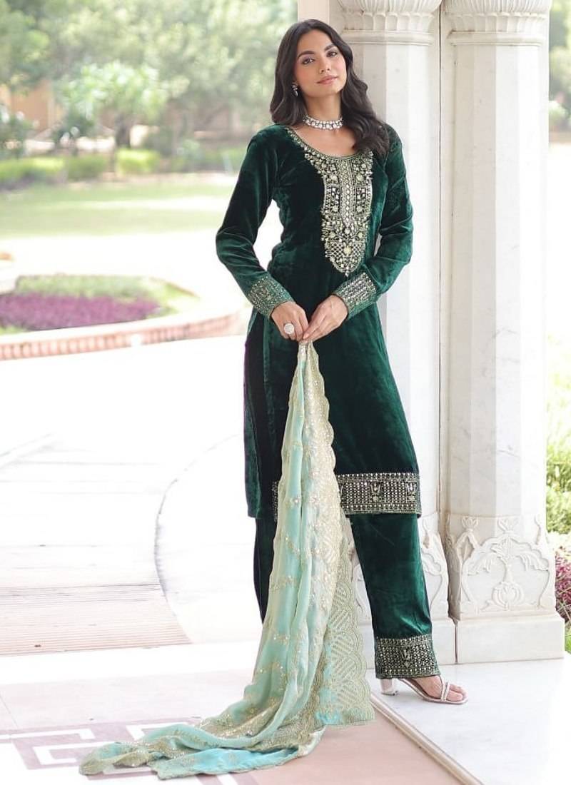 Eilara wedding special velvet with rich sequins embrodered kurti pant with fendy dupatta