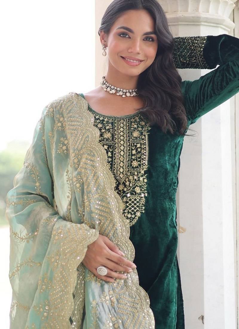 Eilara wedding special velvet with rich sequins embrodered kurti pant with fendy dupatta