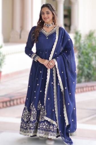 Blue vichitra silk sequins embroidered gown with dupatta – fancy v neck, full sleeves (sizes 38–44)