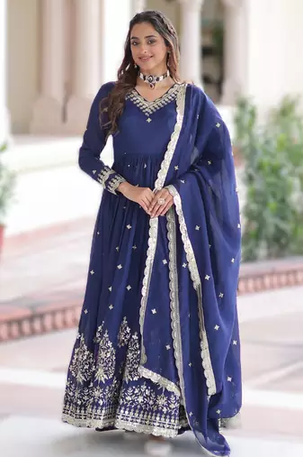 Blue vichitra silk sequins embroidered gown with dupatta – fancy v neck, full sleeves (sizes 38–44)