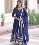 Blue vichitra silk sequins embroidered gown with dupatta     fancy v neck, full sleeves (sizes 38   44)