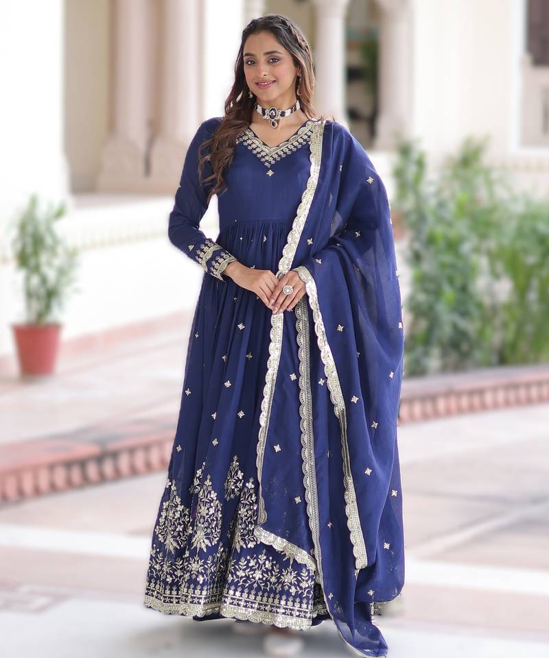 Blue vichitra silk sequins embroidered gown with dupatta – fancy v neck, full sleeves (sizes 38–44)
