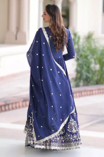 blue vichitra silk sequins embroidered gown with dupatta fancy v neck full sleeves (sizes 38 44)