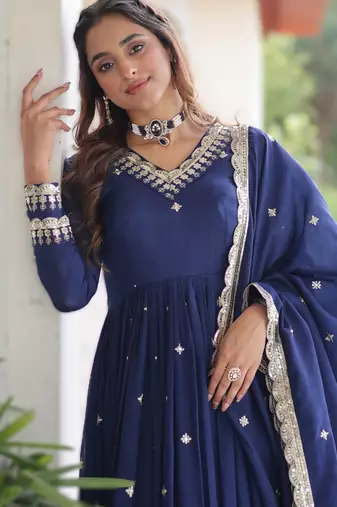 blue vichitra silk sequins embroidered gown with dupatta fancy v neck full sleeves (sizes 38 44)