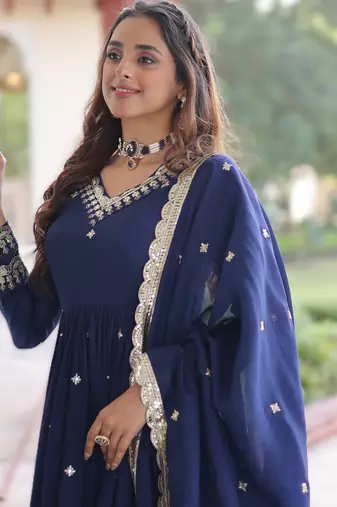 blue vichitra silk sequins embroidered gown with dupatta fancy v neck full sleeves (sizes 38 44)