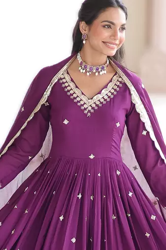 magenta vichitra silk sequins embroidered gown with dupatta fancy v neck full sleeves (sizes 38 44)